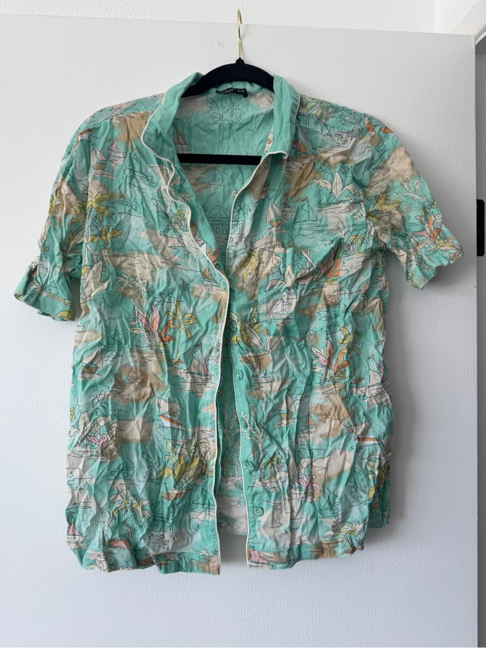 Cotton On Mint Tropical Button-Up Shirt | XS | Lightweight Vacation Tops